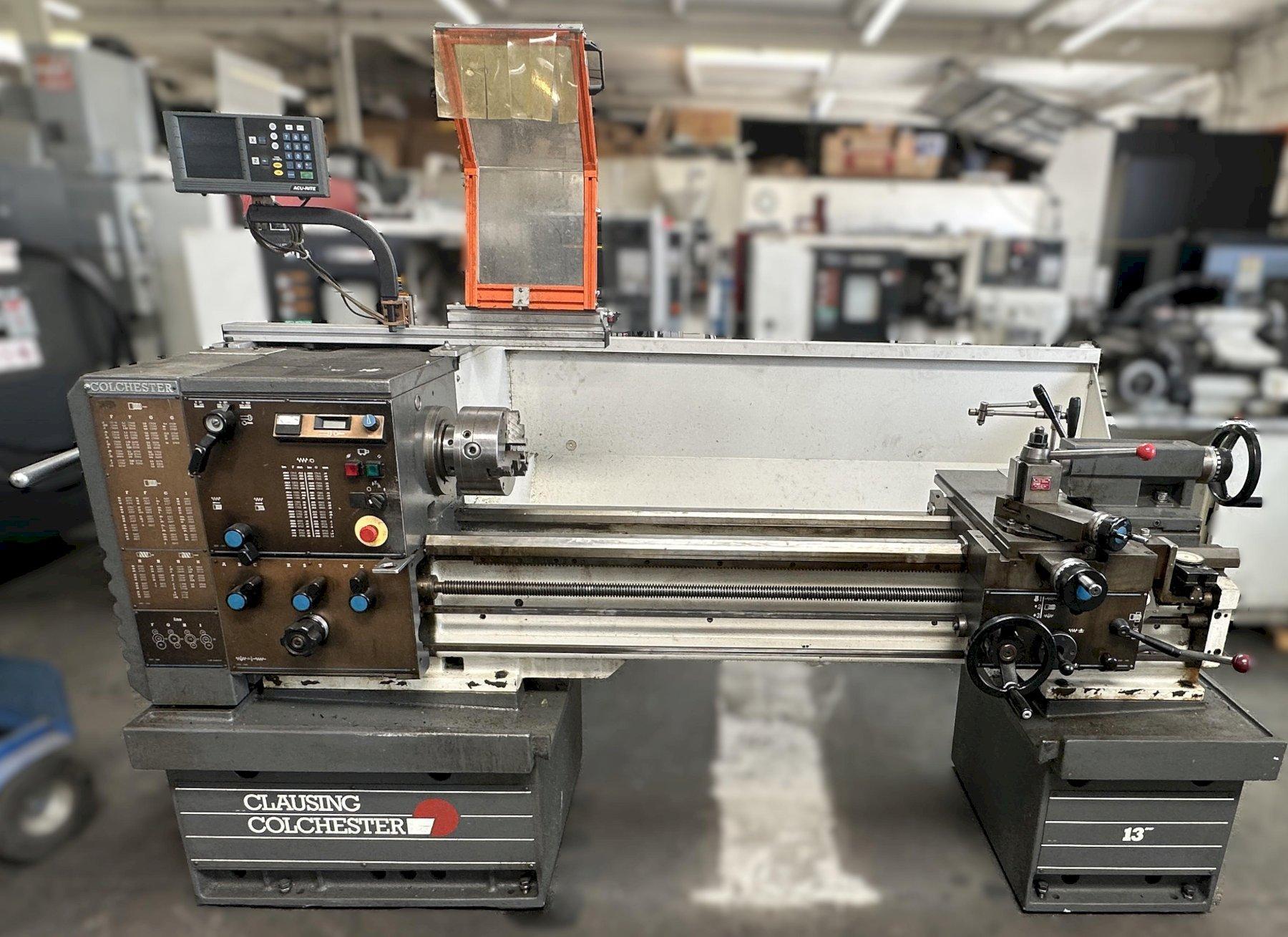 Clausing Colchester 13" Manual Lathe DRO 440 Volt w/ 8" 3 Jaw Chuck, 5C Collet, Guard Top, Dolores Tool Post, Tool Blocks, Trve Dial, and Tooling