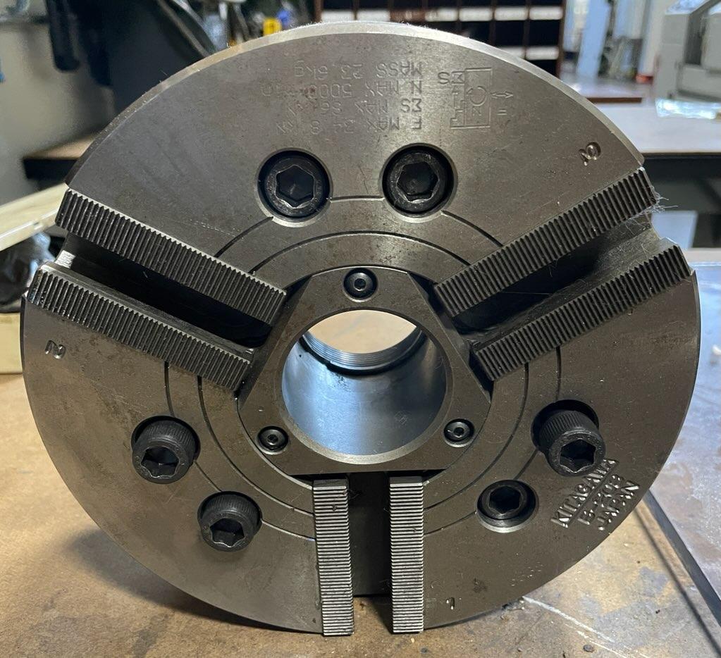 8" KITAGAWA B-208 3-JAW HYDRAULIC CHUCK, 52mm/2.1" Hole, 7.4mm/0.29" Jaw Stroke, 5000 RPM Max Speed, 86 kN Clamp Force, Lubrication Nipple on each Master Jaw.
