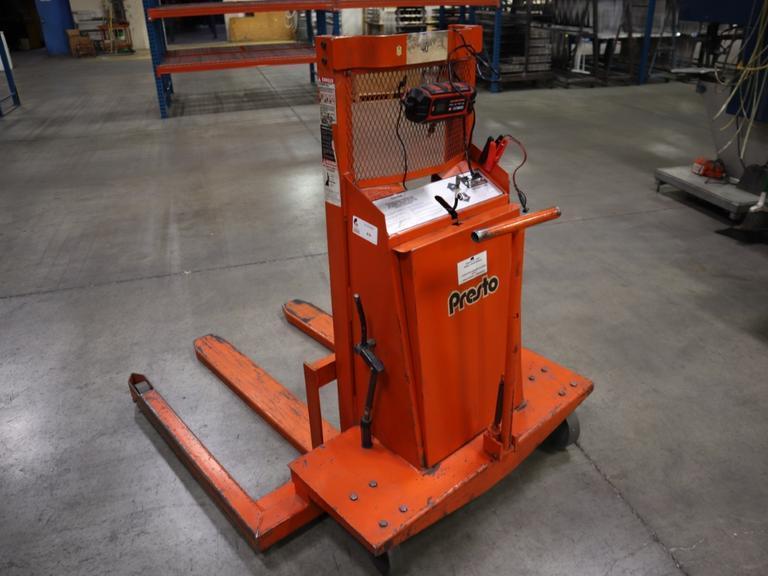 Presto WPS5036-20 Electric Stacker Lift Truck, 2,000# Cap, 36" Lift Height, 42" Forks, 50" Between Outriggers, 12 Volt Battery and Charger- Auction Item