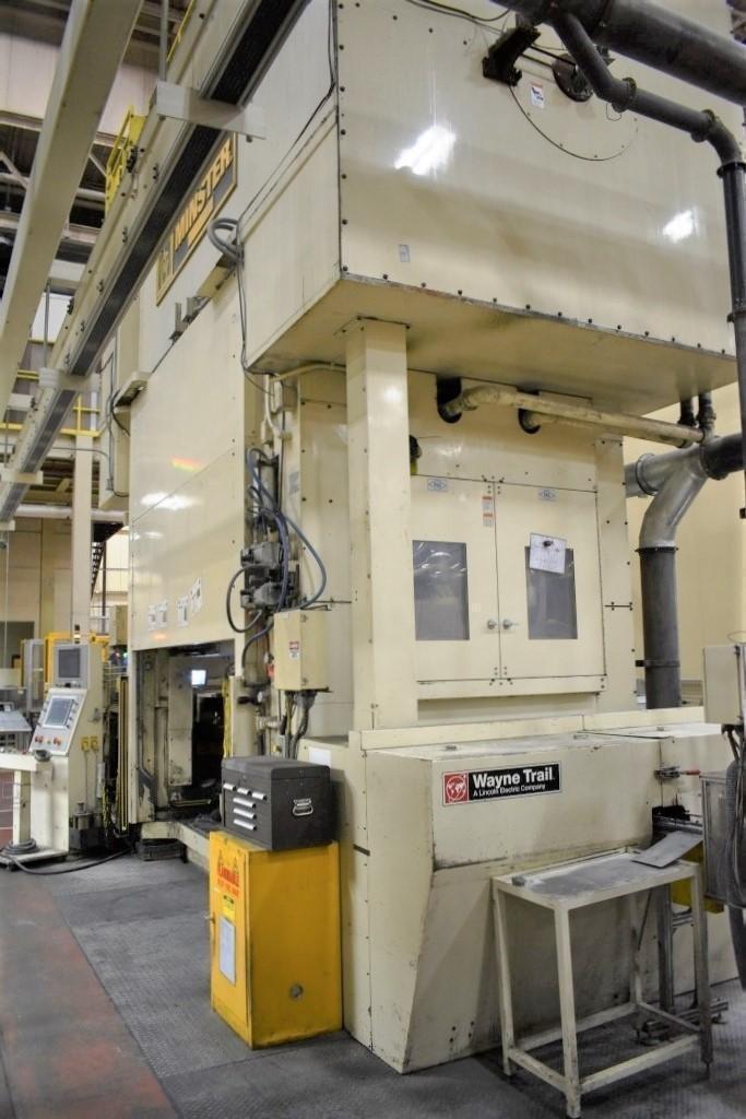 1200 Ton Minster E2-1200 Eccentric Shaft Straight-Side Transfer Press, 12" STR, 44" SH, 120" LR x 60" FB BA, 25-45 SPM