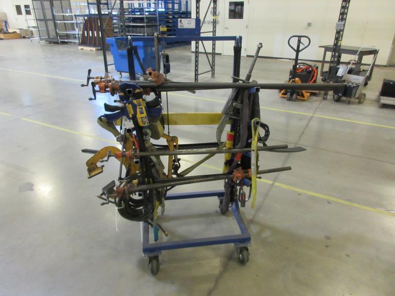 Rolling Cantilever Rack with Large Assortment of Clamps, Come-Along, Posi-Lock 210 Bearing Puller, Caldwell 76E 4800 LBS Batter Lifting Bar- Auction Item
