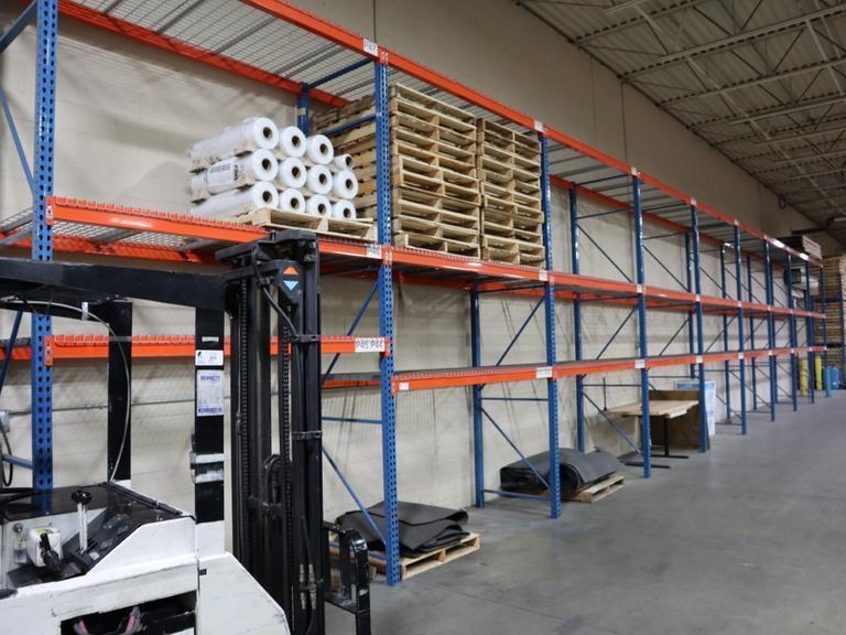 Pallet Racking: (10) 14'H x 42" Uprights, Teardrop Style, (27) 8' Shelves, Wire Decking - NO CONTENTS- Auction Item