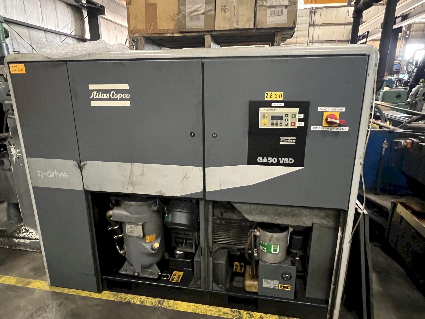 67 HP ATLAS COPCO INDUSTRIAL OIL INJECTED ROTARY SCREW AIR COMPRESSOR, MODEL GA50 VSD, VARI DRIVE, 1999