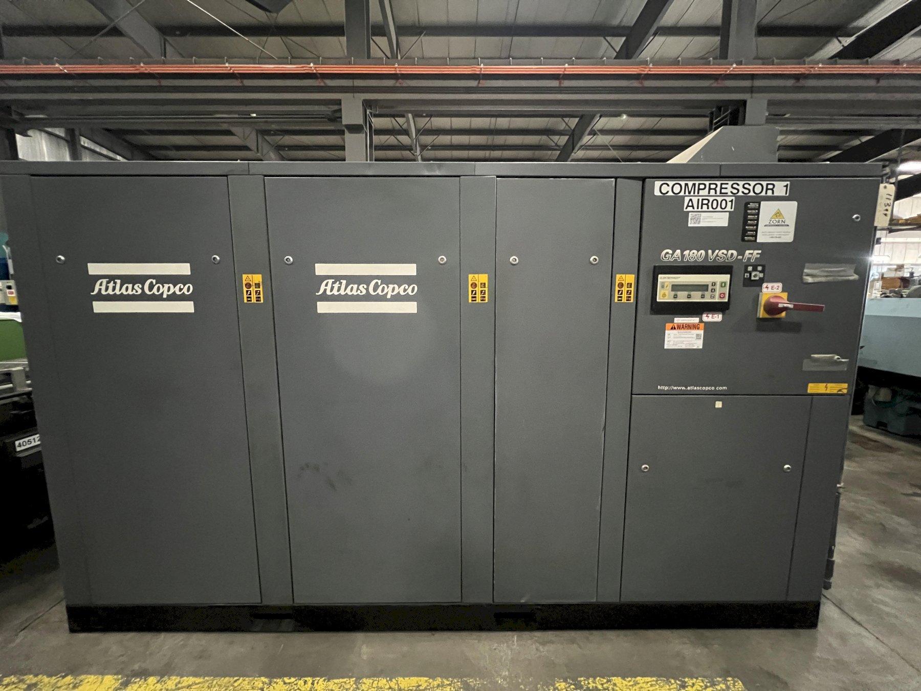 ATLAS COPCO INDUSTRIAL GRADE OIL INJECTED ROTARY SCREW AIR COMPRESSOR, MODEL GA180VSD-FF, VARIABLE SPEED DRIVE, 2001