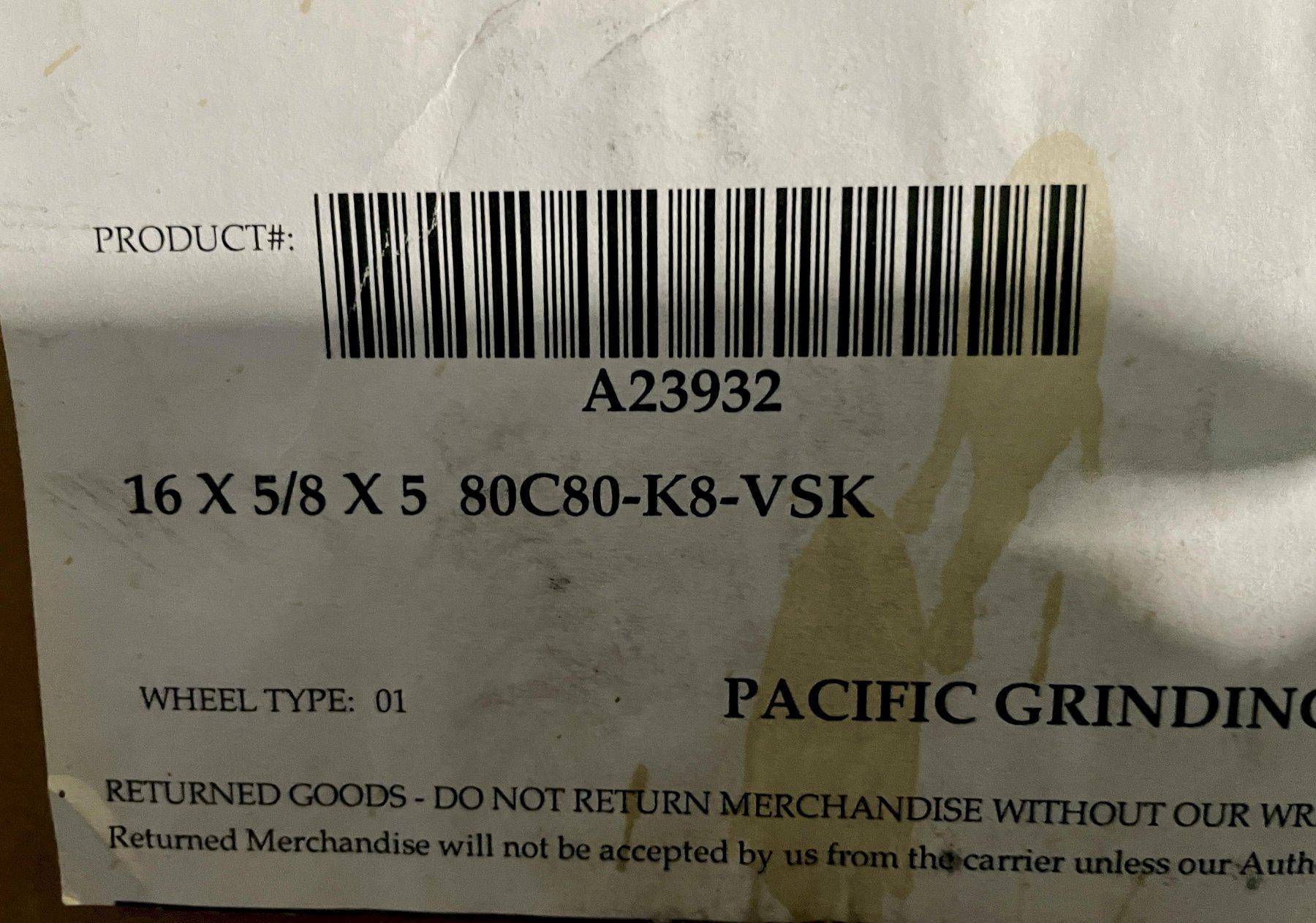 16" x 5/8" x 5" PACIFIC GRINDING WHEEL CO GRINDING WHEEL, 5" ID Hub.