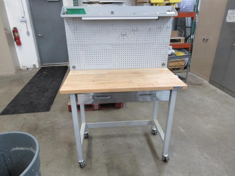Portable Work Bench with Maple Top, Upper Shelf, Drawer, Work light- Auction Item