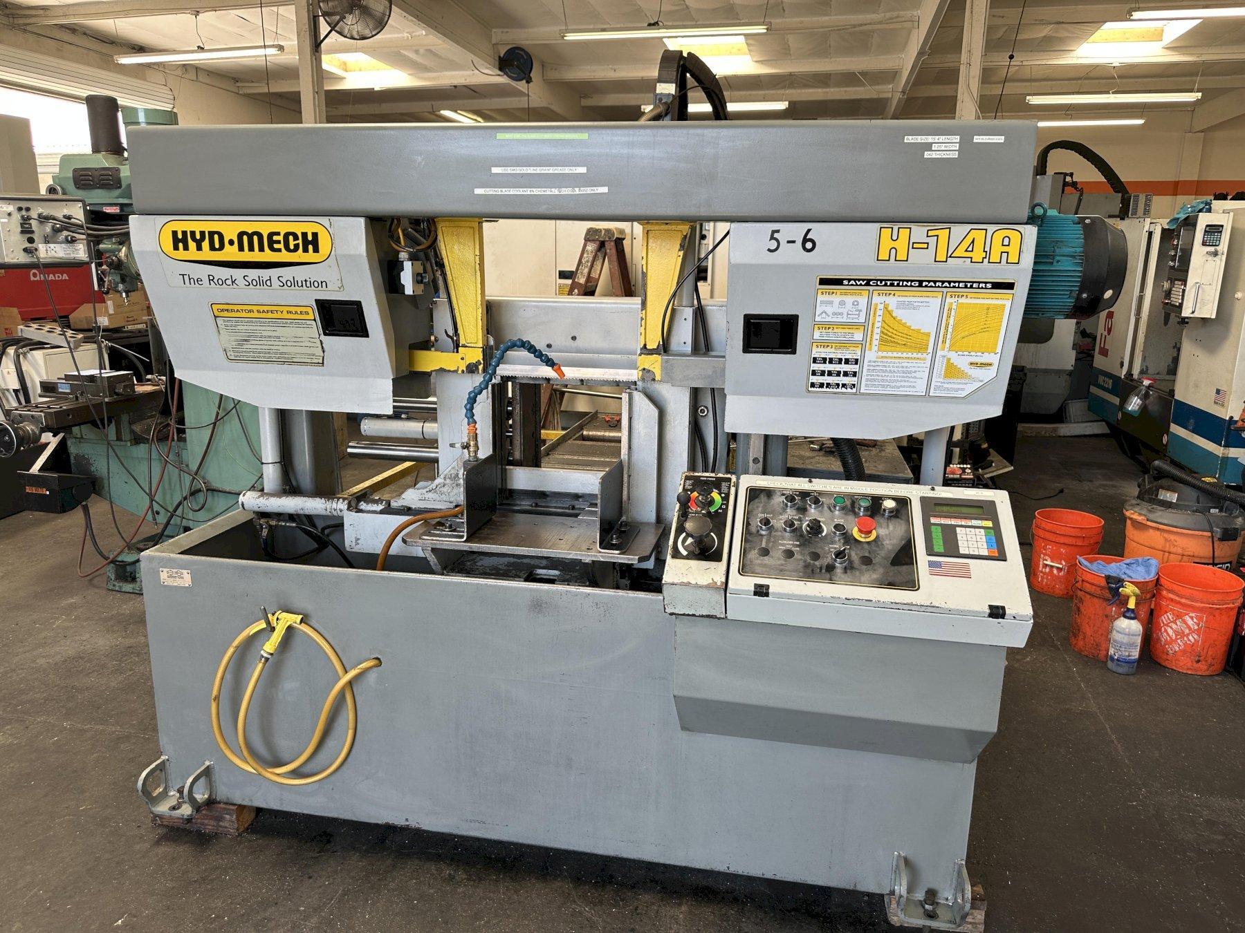 HYD-MECH H-14A 14” x 14” Automatic Horizontal Band Saw Equipped with Programmable PLC for Automatic or Manual Operations, Chip auger, Work Light, Built in Coolant Tank & Pump, Auxiliary Roller Tab