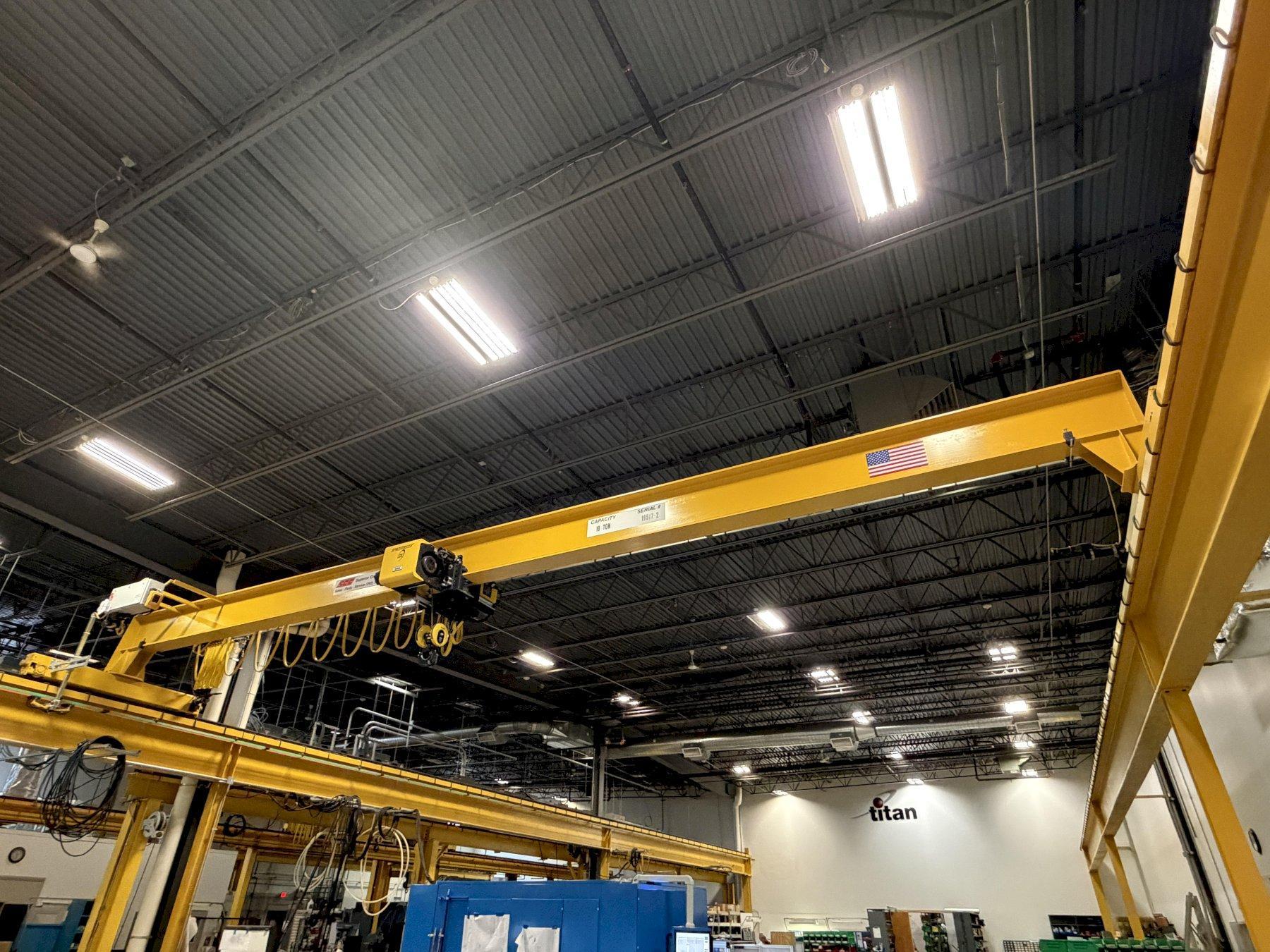 10 TON x 48' SUPERIOR CRANE SINGLE GRIDER OVERHEAD BRIDGE CRANE WITH 10 TON R&M HOIST: YOBRO #26276