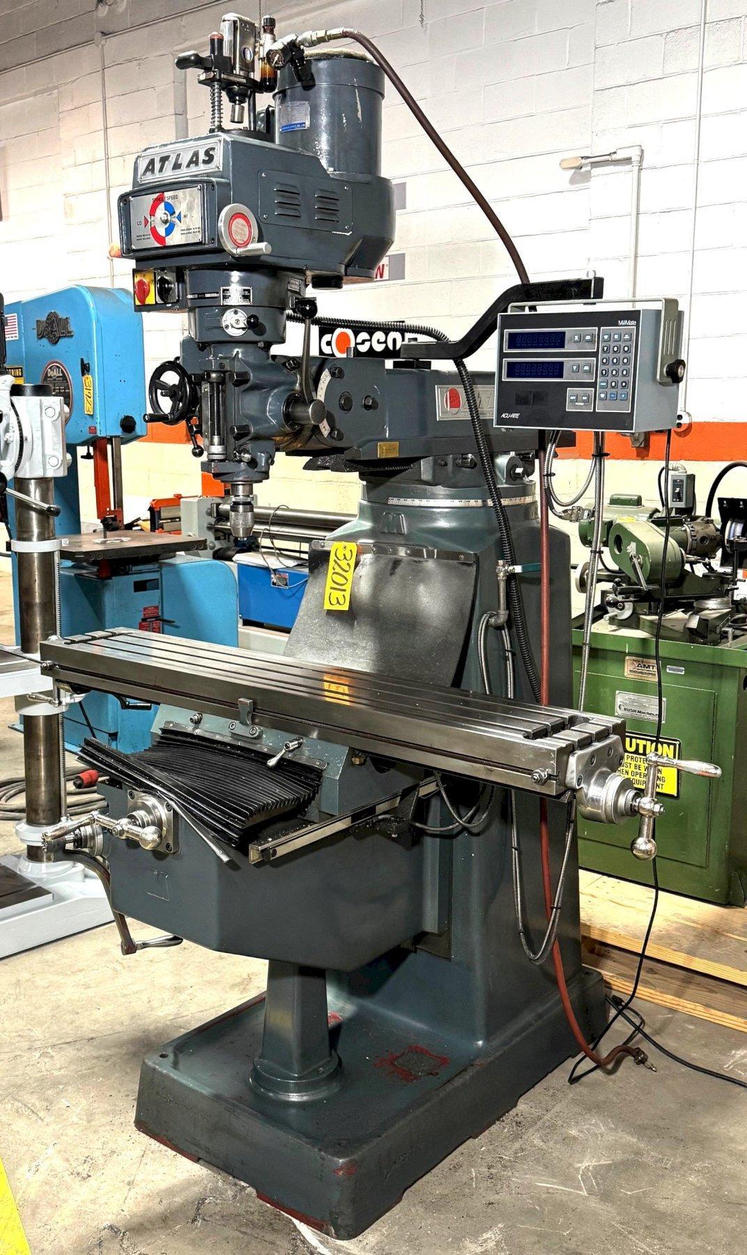 Clausing Atlas Vertical Mill 3VS, 10″ x 54″ Tbl., R-8, DRO, 3 HP, Nice