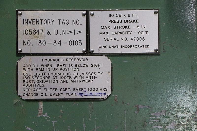 90 TON X 10' CINCINNATI HYDRAULIC PRESS BRAKE MODEL 90CBX8