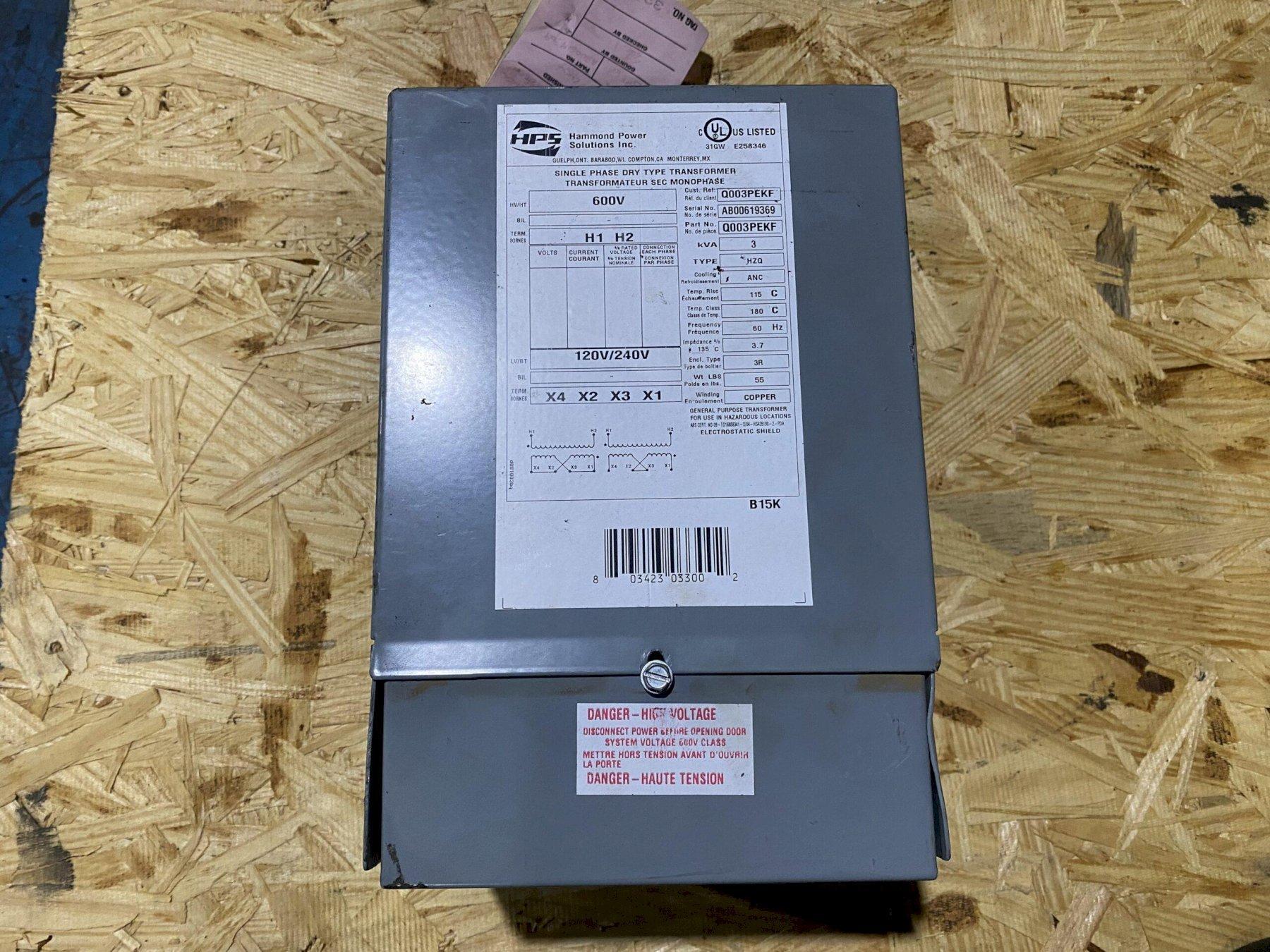 Hammond Power Solutions – Q003PEKF Transformer 600V – 120/240V, 3kVA USED