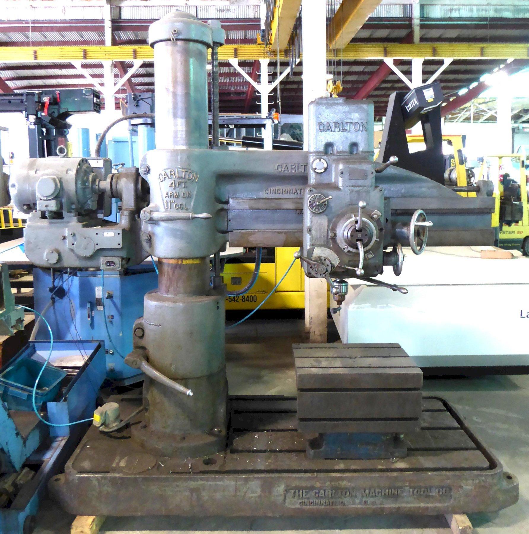 4′ x 11″ Carlton Radial Drill, 60-1500 RPM, 4 M.T., Box Table, Low Price