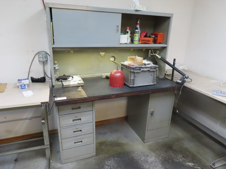 Metal Work Desk with Drawers w Sliding Door and Contents w Light- Auction Item