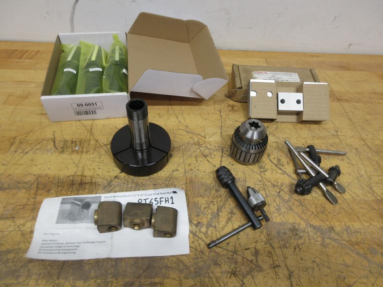 Haas 09-0051 40 Taper Spindle Wiper Set, New Jacobs #14N Keyed Chuck and Keys, Chick 2" Vise Jaws, 5C Emergency Collet, South Bend Lathe Cross Slide Feed Nuts- Auction Item