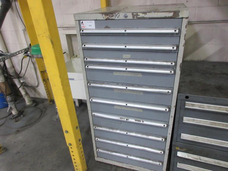 Metal Storage Cabinet with 10 Drawers with Pemserter Tooling and Assorted Cutting Tools- Auction Item