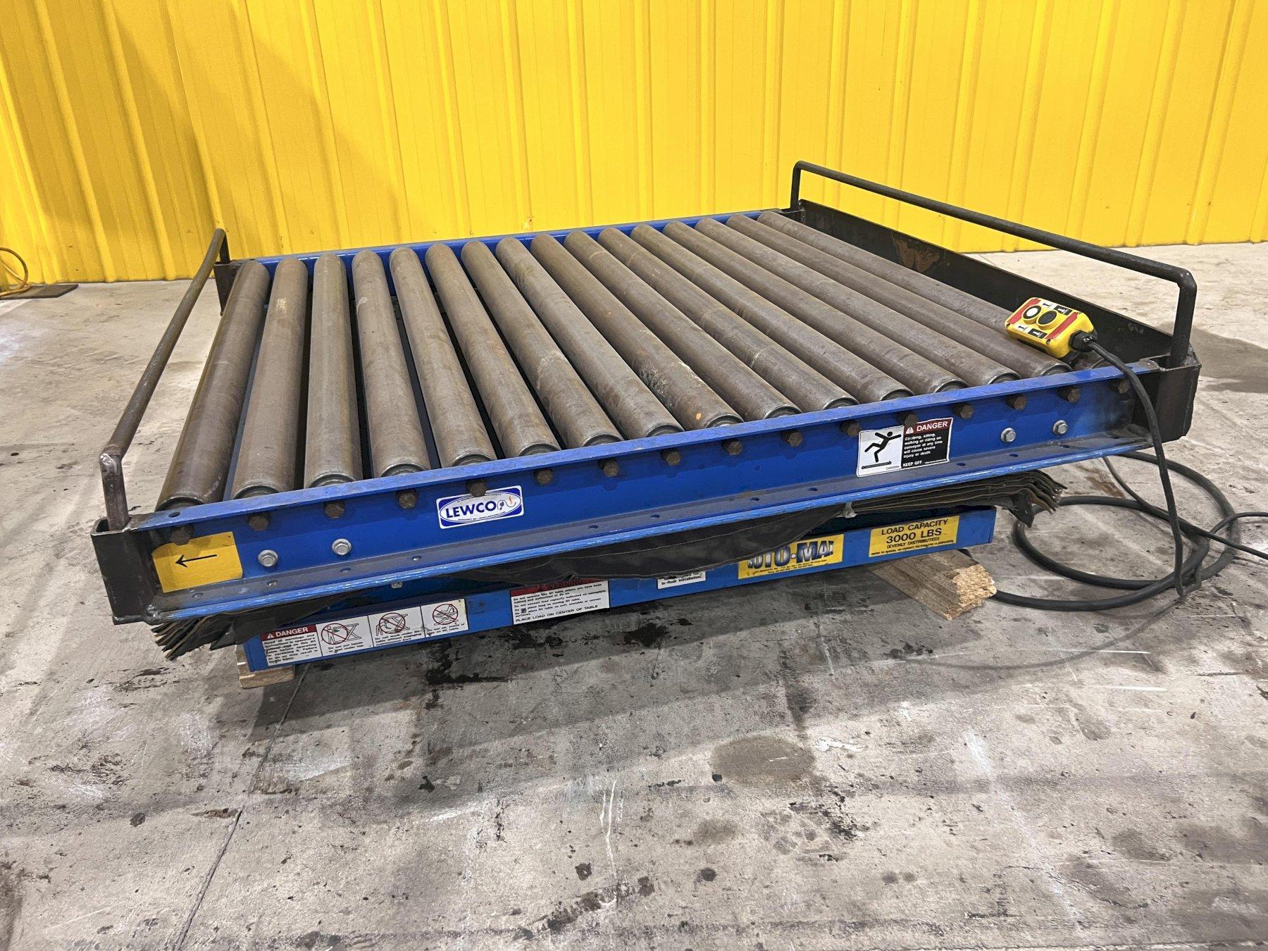 3,000 LBS X 48" X 48" ROTO-MAX HYDRAULIC SCISSOR LIFT TABLE W/ ROTARY LEWCO ROLLER CONVEYOR TOP, 110 VOLT: STOCK #20874