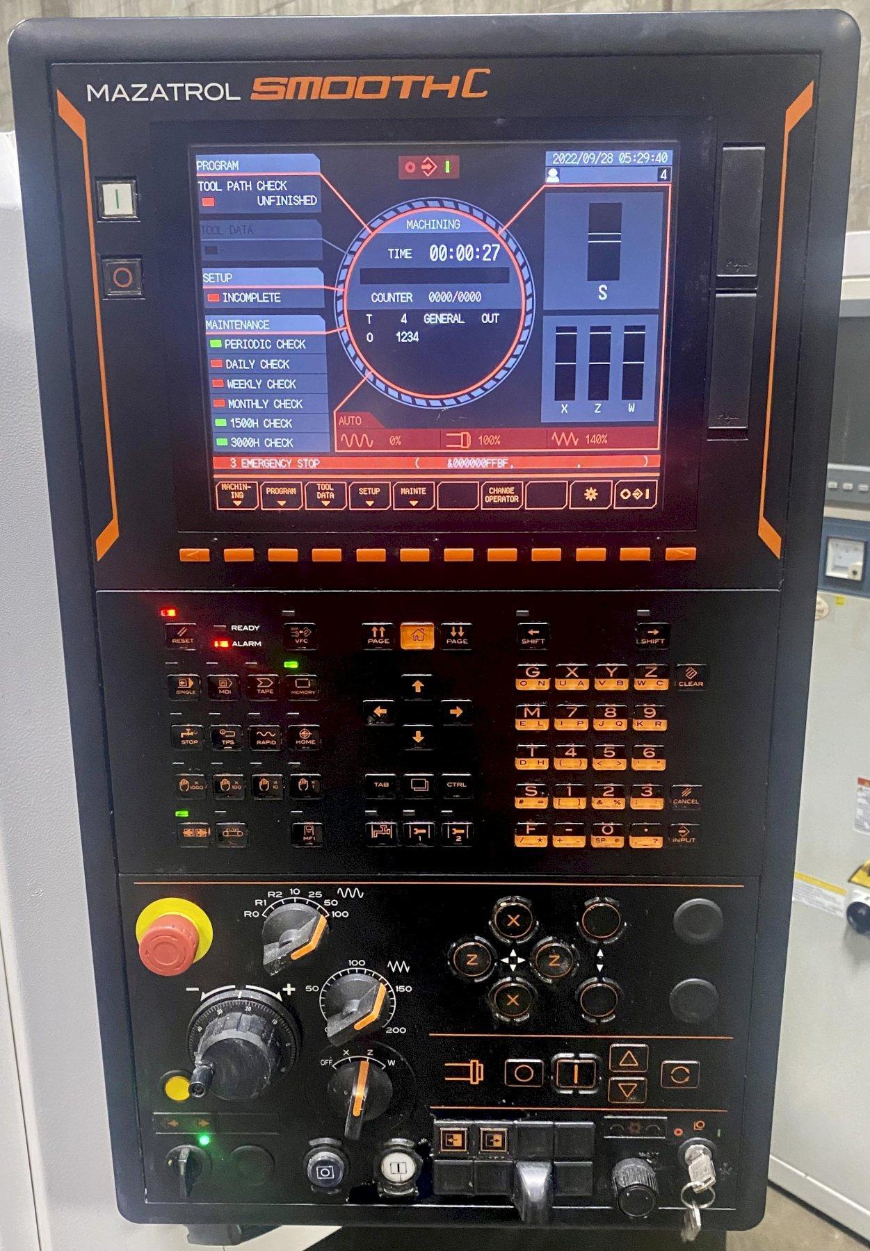 MAZAK QTU-250 CNC TURNING CENTER, Mazatrol Smooth CNC Control, 8" 3-Jaw Chuck, 27" Swing, 24" Between Centers, 2" Bar Capacity, 20 HP Spindle, 4500 RPM, 12-Position Turret, Tool Setter, Auto Door, Chip Conveyor, New 2017.