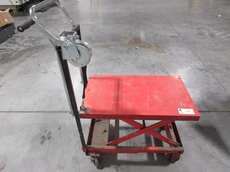 Scissor Lift Rolling Die Cart 38" x 20" Platform, Repaired Handle and Boat Winch Lift System- Auction Item