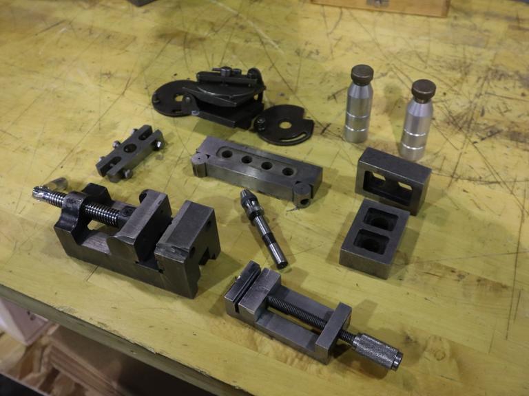 Workholding Assorted Items: (2) Vises, Keyless Drill Chuck, Blocks, Adjustable Work Stands, Sine Bar, and More- Auction Item