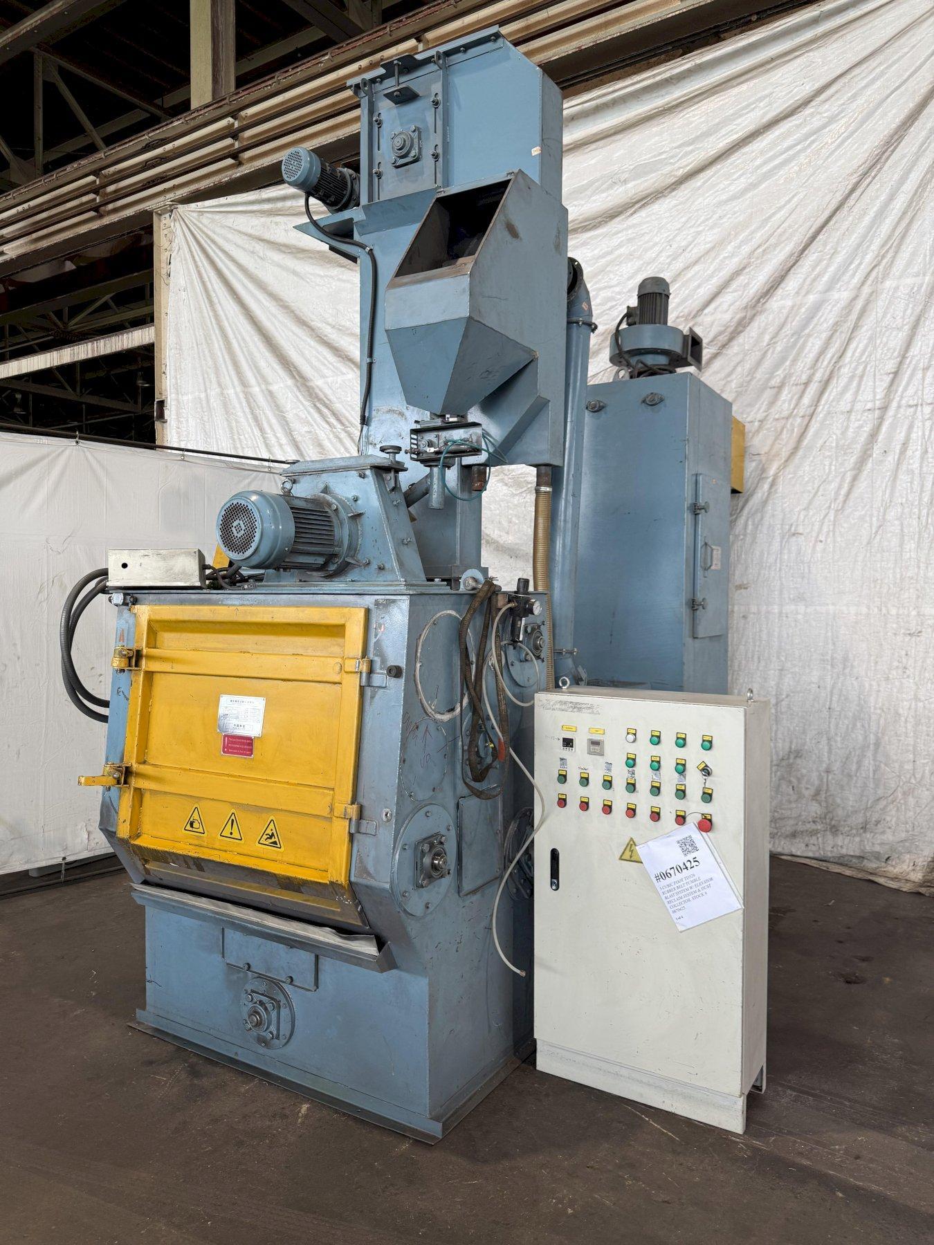 5 CUBIC FOOT TD326 RUBBER BELT TUMBLE BLAST SYSTEM W/ ELEVATOR RECLAIM SYSTEM & DUST COLLECTOR. STOCK # 0670425.