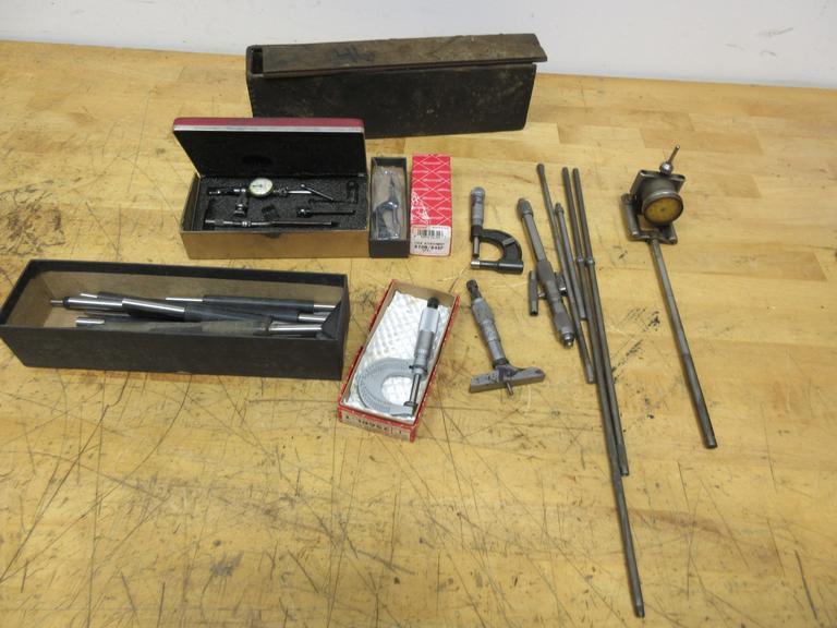 Starrett Tools, 0-1" Pad Micrometer, 0-1" Tube Mic, 0-1" Depth Mic, Last Word .005 Indicator, 8-24" Inside Mic, Mic Standards, Antique Bore Guage- Auction Item
