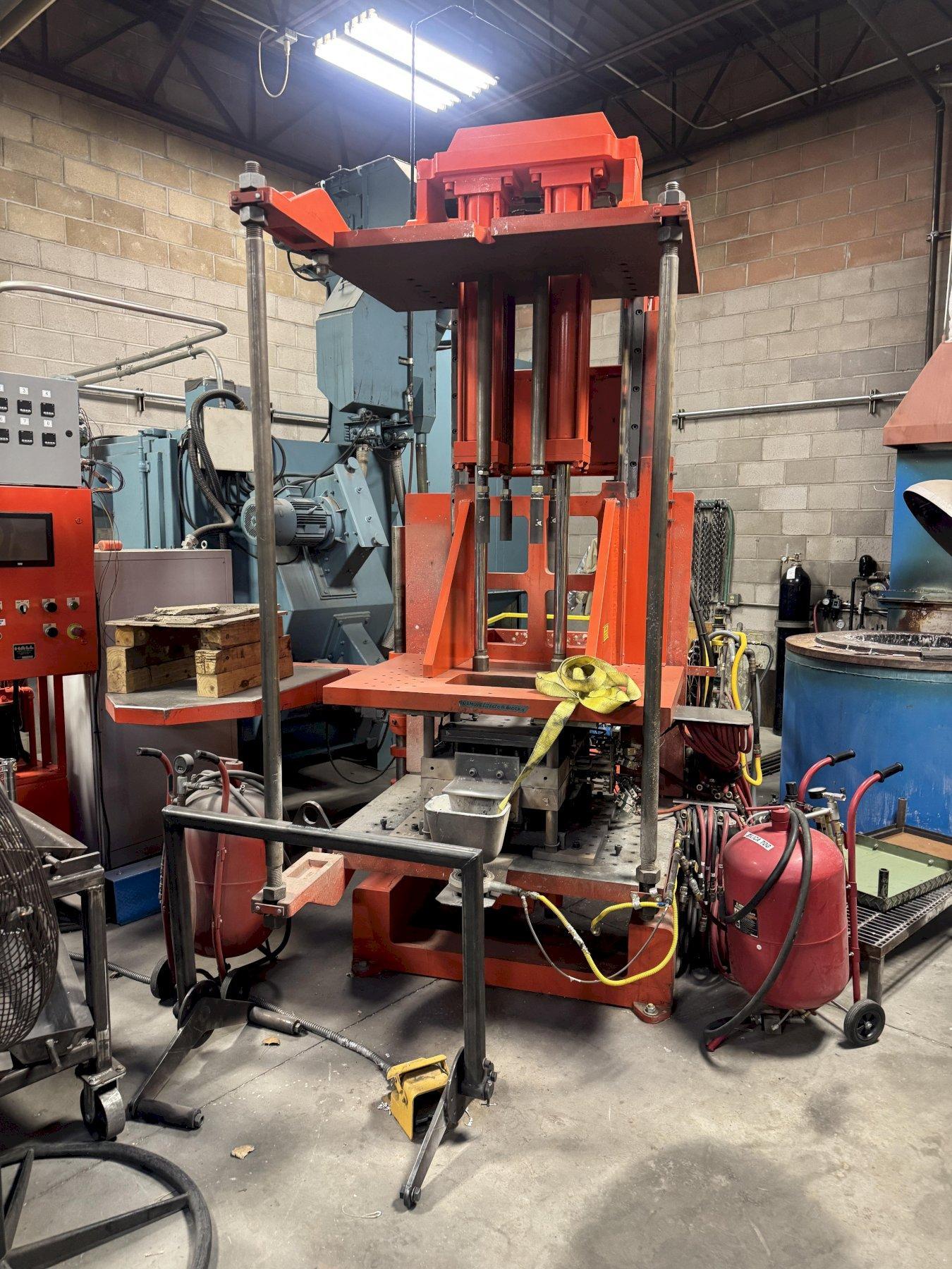 Hall Tilt Pour 3HSX model was used for prototyping and light production and has very little use. This machine was nearly 140,000$ with options in 2022. 

 Options are as follows 
#3 Front Eject
#3 Manual Casting Catcher
#3 Tie Bar Extensions
20GPM Hydraulic Unit
Proportion controller
Thermocoupler display w/ 8 programmable controllers and 16 valve banks to control cooling liquid or air
Proportional PLC Control /HMI and Manual Operators
4 valve proportional control