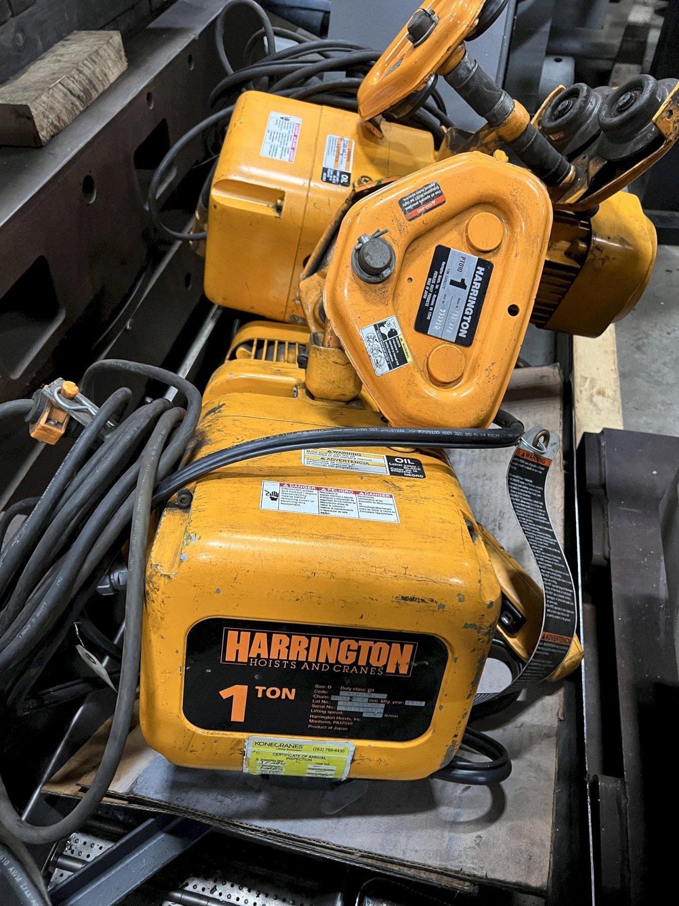 HARRINGTON 1 TON ELECTRIC CHAIN HOIST, TROLLEY, PENDANT, 2013
