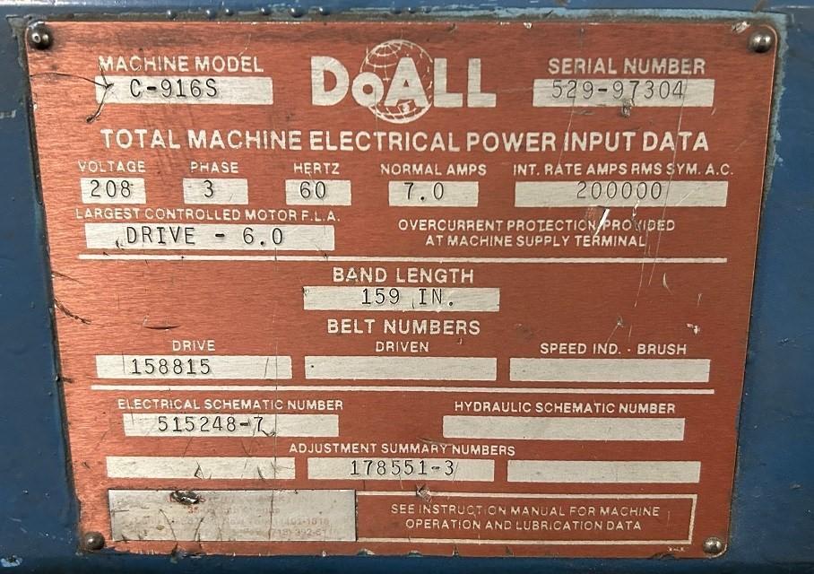 9" X 16" DOALL Swivel Head Horizontal Band Saw, Model C-916S