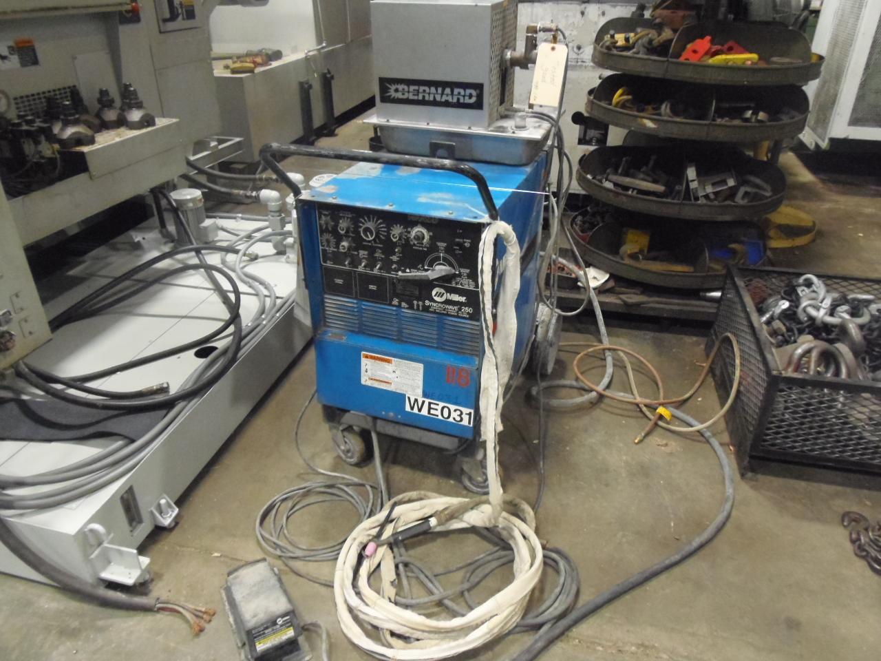 MILLER TIG WELDER, MODEL SYNCROWAVE 250, COOLER, GUN, CART