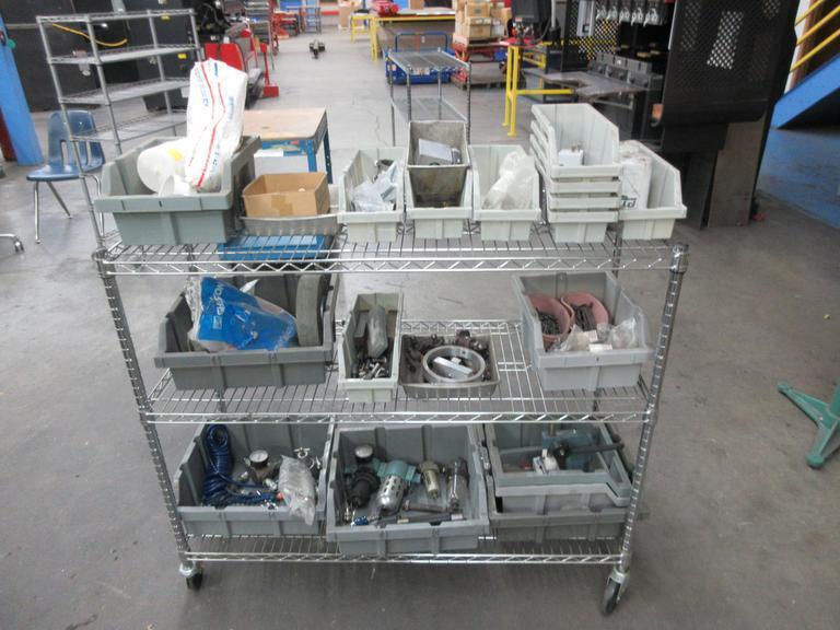 Rolling 3 Shelf Wire Racking with Contents, Plastic Bins, Miscellaneous Fittings and Hardware- Auction Item
