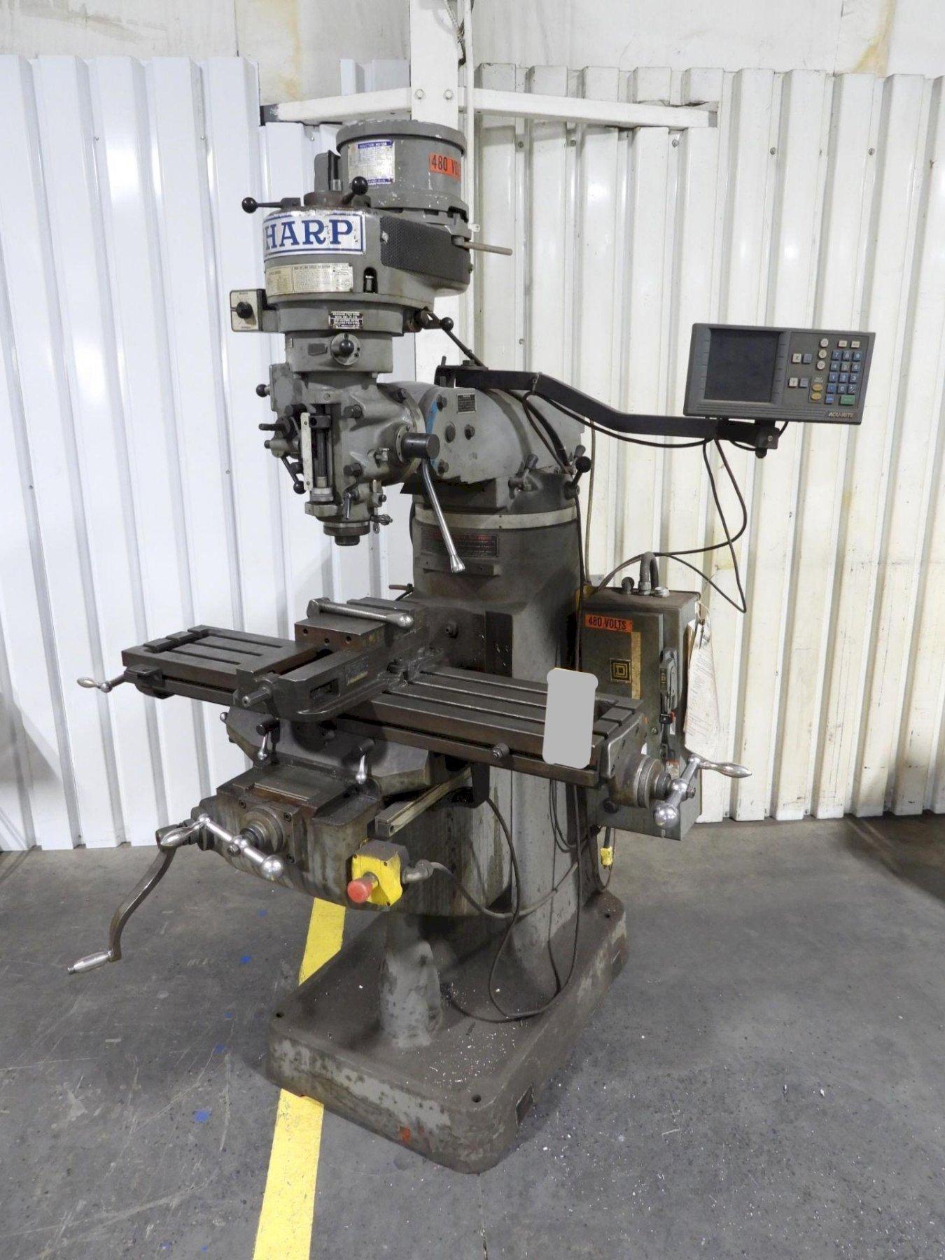 2 HP SHARP VERTICAL MILLING MACHINE W/ KURT VISE. STOCK # 0557025.