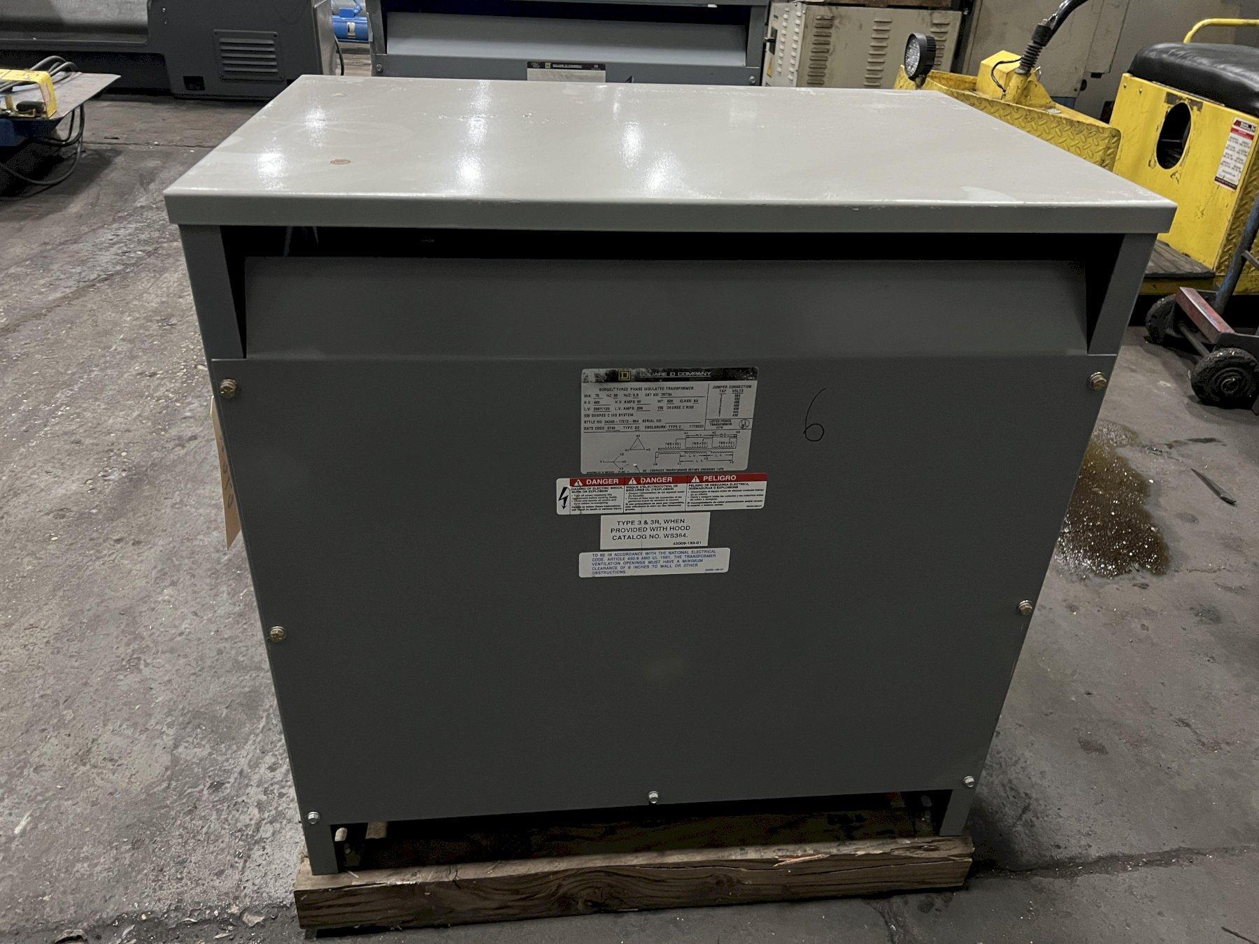 75 KVA SORGEL SQUARE D THREE PHASE INSULATED TRANSFORMER 480 HV - 208Y/120 LV CLASS AA