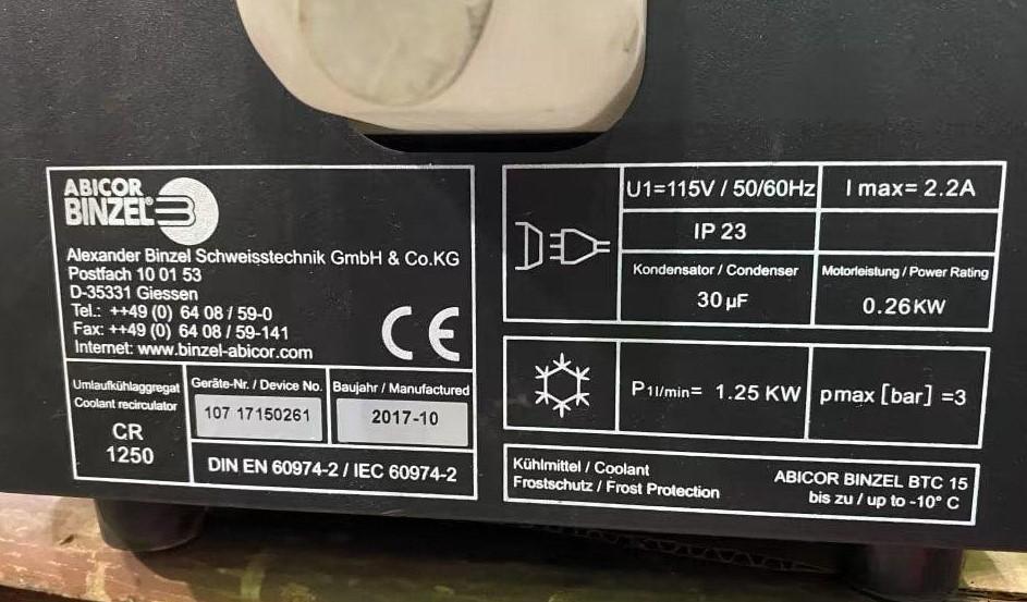 ABICORE BINZEL CR 1250 COOLANT RECIRCULATOR, 115V, New 2017.