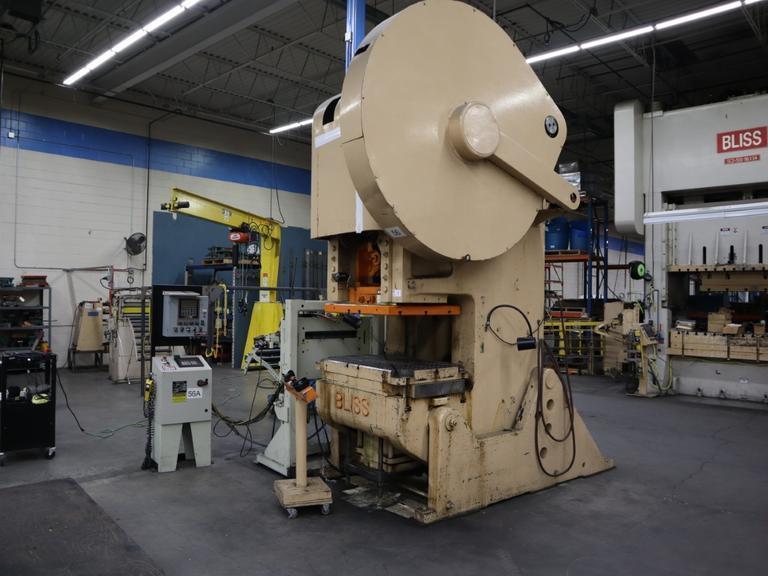 Bliss #29 150 Ton OBI Back Geared Punch Press, Single Crank,  Air Clutch and Brake, Rowe 24" Press Feed