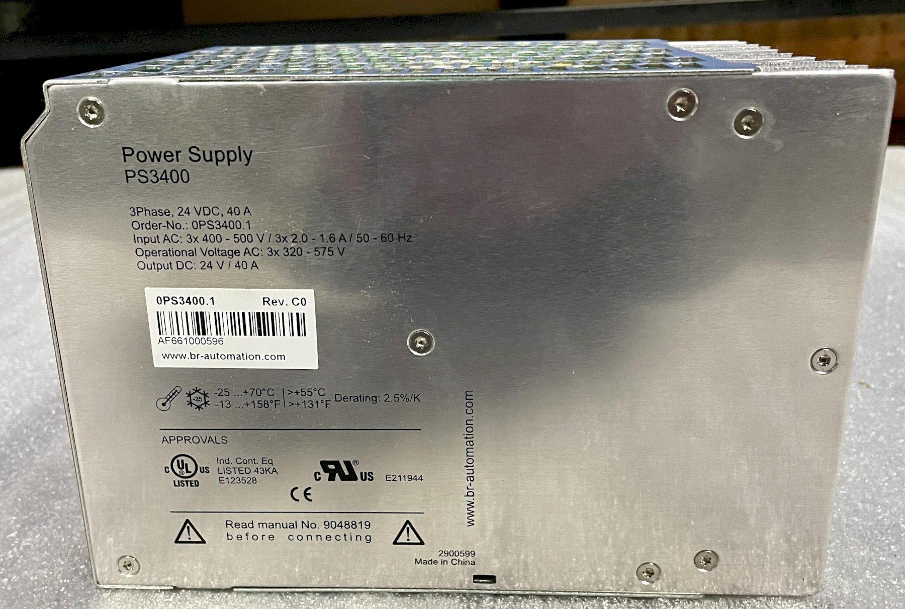 B&R AUTOMATION POWER SUPPLY PS3400, Mfr Number 0PS3400.1, 3-Phase, 24 VDC, 40A, input 400 to 500 VAC, wide range, top-hat rail installation.