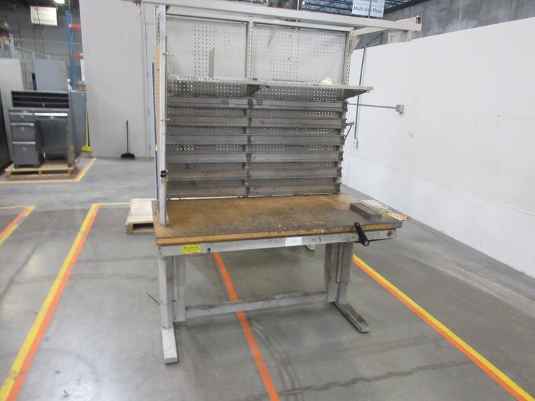 Work Bench, Heavy Duty Metal, Adjustable with Wood Top and Adjustable Shelving- Auction Item