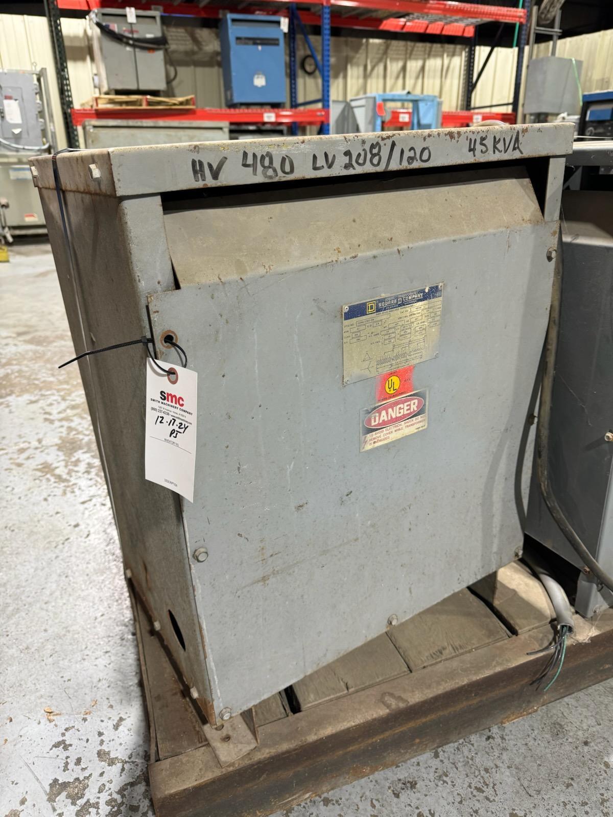 (1) PREOWNED SQUARE D THREE PHASE TRANSFORMER, KVA 45, MODEL #: 33749-17212-016, S/N: 45T3H