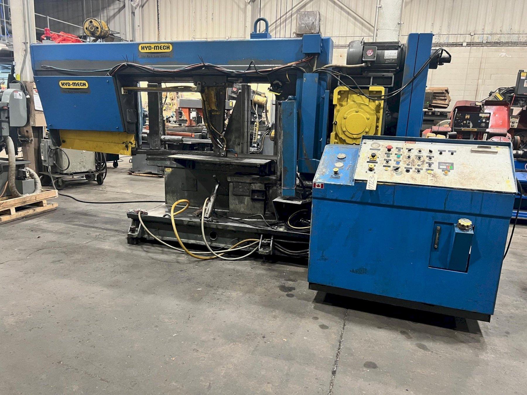 USED HYD-MECH MODEL S-35P SEMI-AUTOMATIC HORIZONTAL MITERING BANDSAW COMPLETE WITH 90' OF POWERED ROLLER CONVEYOR, Stock# 11123, Year: 1997