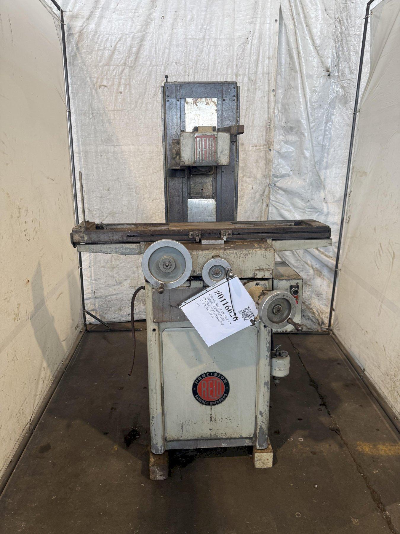 REID SURFACE GRINDER W/ DEDTRU CENTERLESS GRINDING ATTACHMENT. STOCK # 0116626.