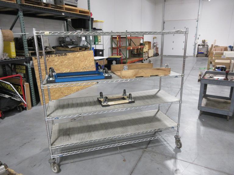 Metro Rolling Wire Shelf, with 5 Adjustable Shelfs and (2) Woodframe, (1) Plastic Frame Moving Dollies- Auction Item