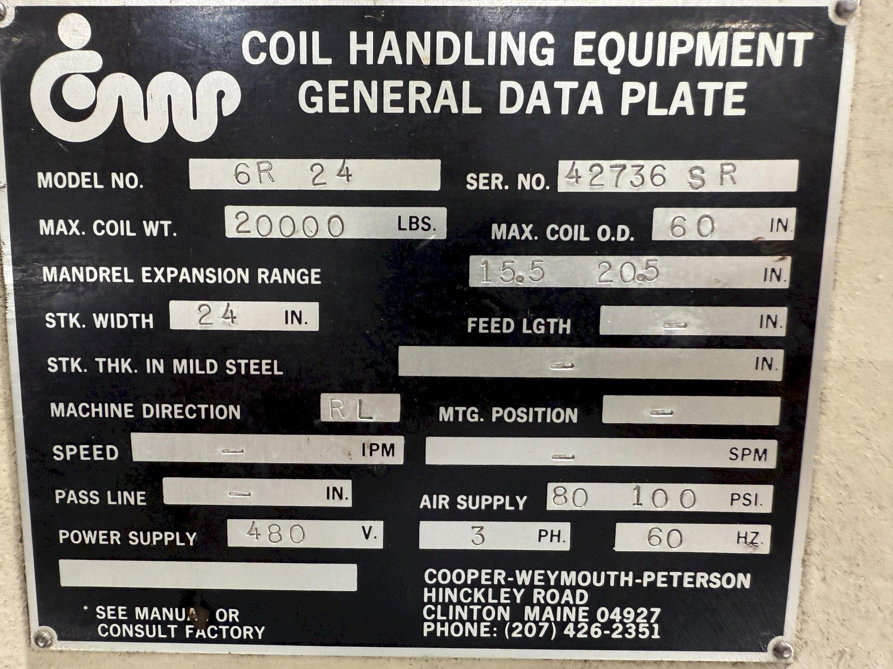 20,000 lbs. x 24" Cooper Weymouth Peterson Heavy Duty Servo Coil Feed Line For Sale