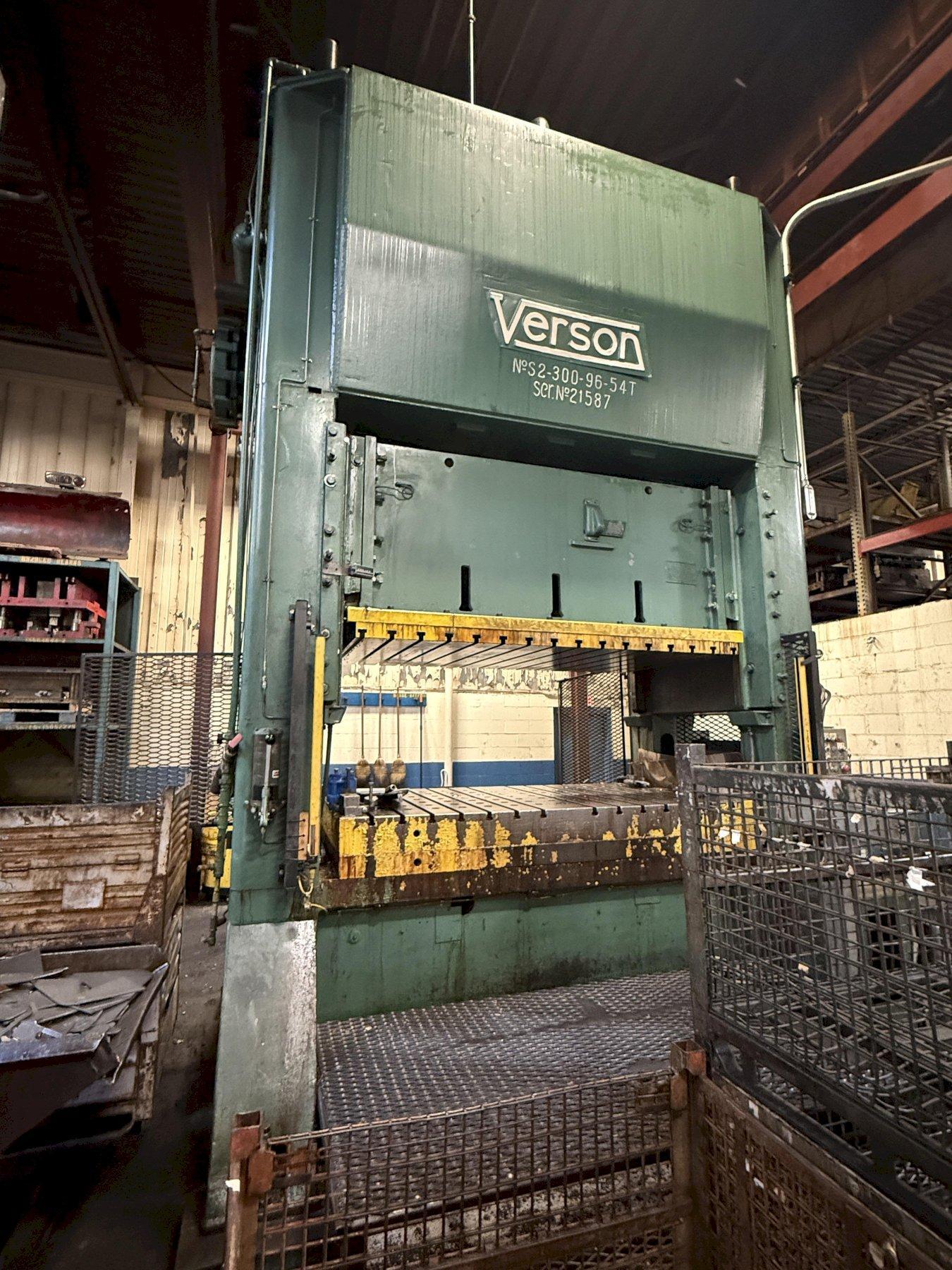300-ton Verson Straight Side Mechanical Stamping Press For Sale. Model S2-300-96-54t, In Operation in a plant!