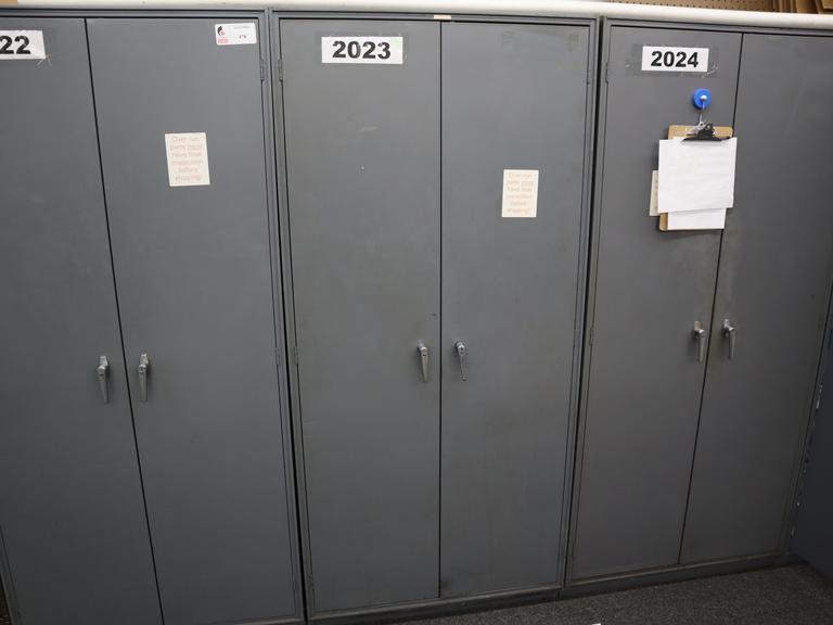 Metal 2 Door Heavy Duty Storage Cabinets (3 Units) with Adjustable Shelves and Contents of Plastic Bins and Parts- Auction Item