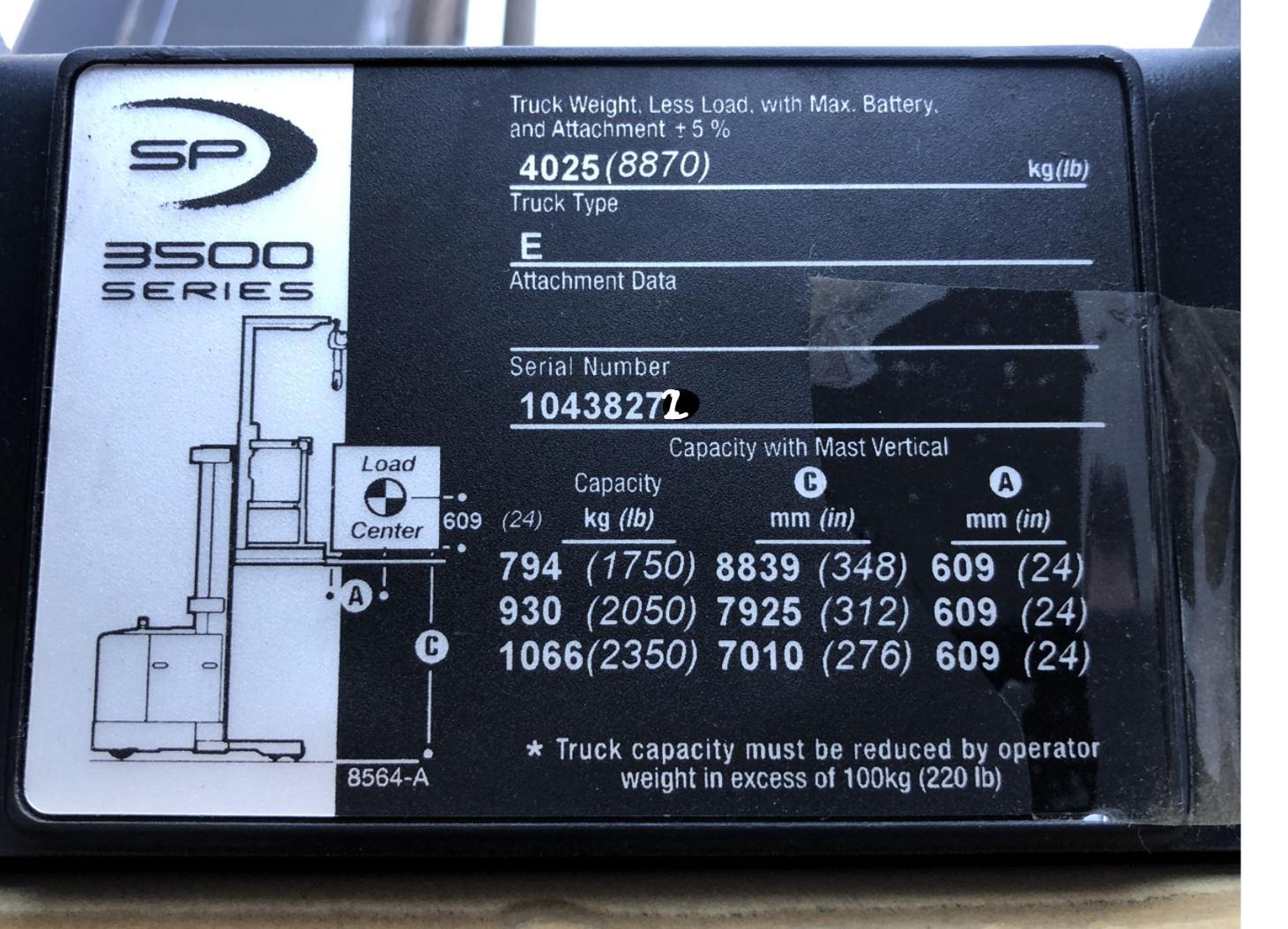 Crown SP3550H-30 Electric Stand-up Stock Picker Forklift 2022 equipped with 3,282 Hours, V-Force Battery and Charger