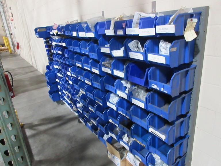 Plastic Bins Mounted to Wall with Contents of Assorted Hardware and Fasteners- Auction Item