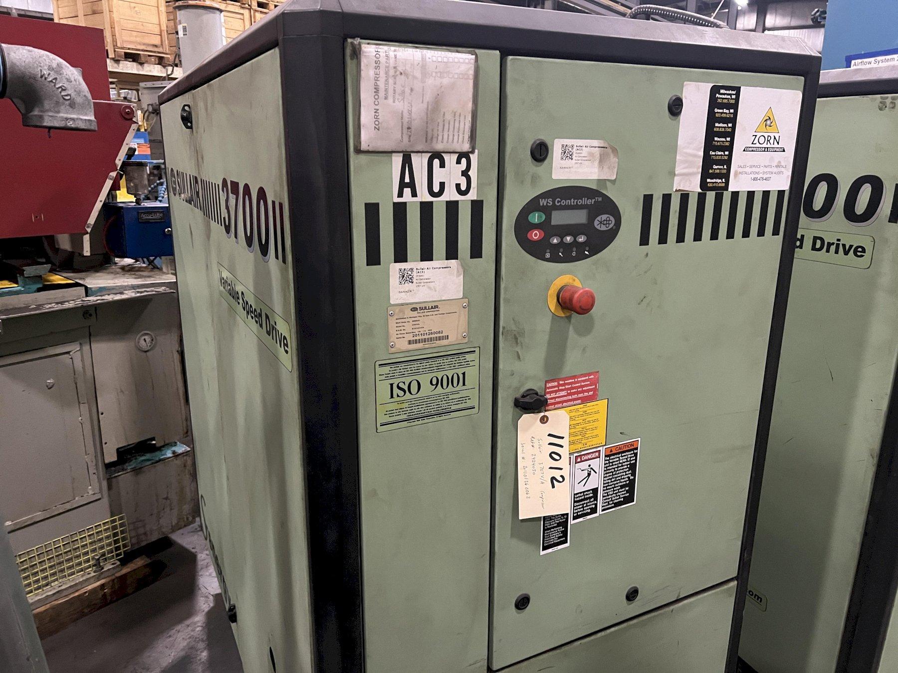 SULLAIR 50 HP ROTARY SCREW AIR COMPRESSOR, MODEL 3707V/A, 2011