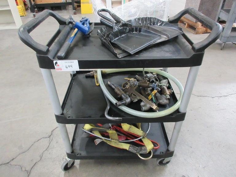 Rubbermaid Shop Cart, 3 Shelves with Dust Pans, Plumbing Fittings and More- Auction Item