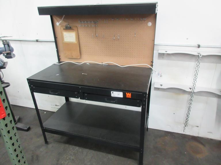 Wen Workbench, Worklight, 2 Drawers, Laminate Wood Top, Pegboard Backing with Hooks- Auction Item