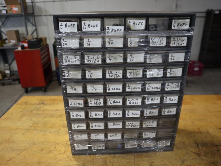 Multi-Bin Cabinet with HSS End Mills and Some Carbide- Auction Item