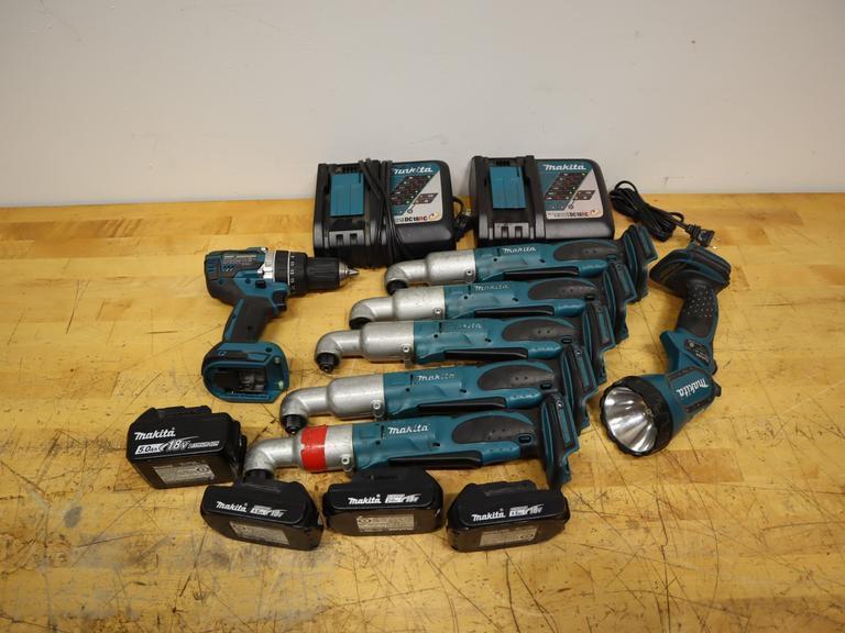 Makita 18V LXT 7-Tool Lot | XPH12 Brushless Hammer Drill, (5) XLT01 Angle Impacts & LED Flashlight w/ Batteries & Chargers- Auction Item